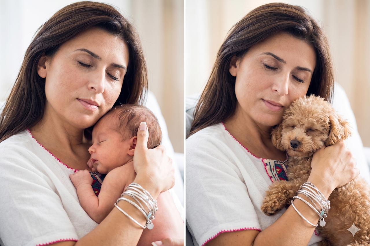 A split AI-generated image shows a woman cradling a newborn baby in one panel and a small dog in the other. (Photo generated by AI)