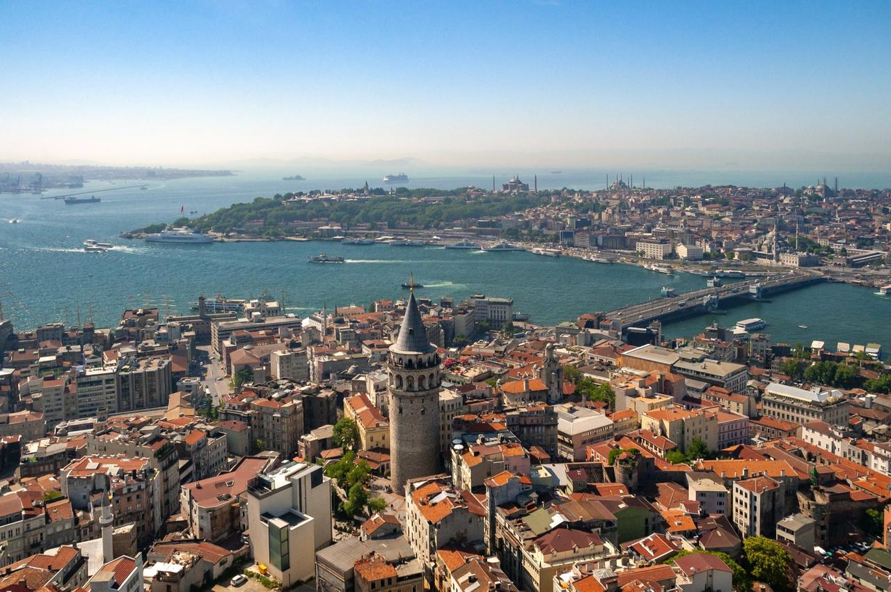 A drone-captured aerial view shows the Bosphorus with the historic Galata Tower in the center, Istanbul, Türkiye, Sept. 22, 2025. (Adobe Stock Photo)
