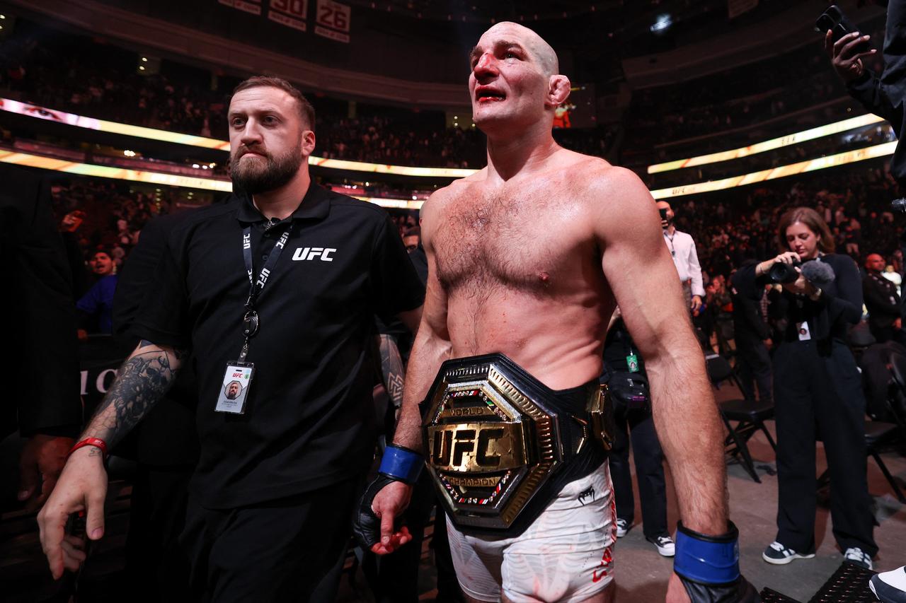 Sean Strickland of the United States exits the ring after his victory in a middleweight title bout during UFC 328 at the Prudential Center on May 09, 2026 in Newark, New Jersey. (AFP Photo)