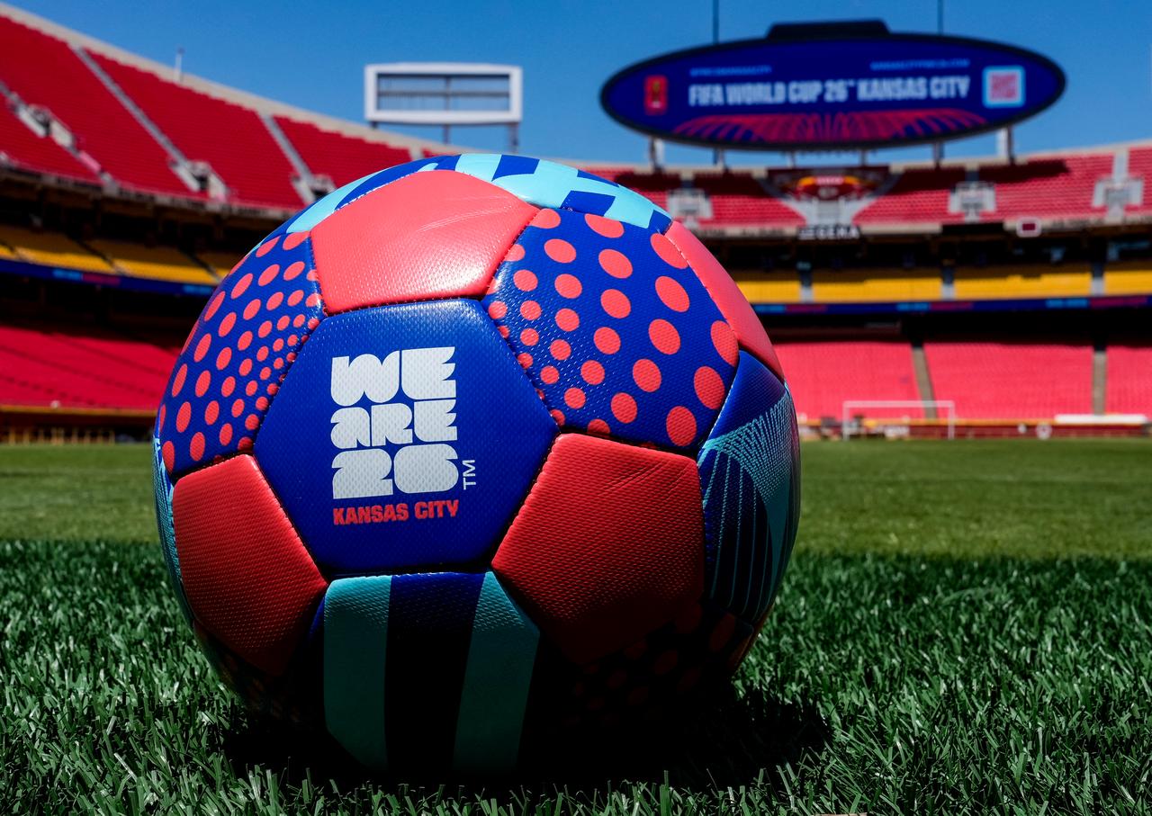 A detailed view of a ball on the pitch at Arrowhead Stadium ahead of the 2026 World Cup at Kansas City Stadium on May 11, 2026 in Kansas City, Missouri. (AFP Photo)