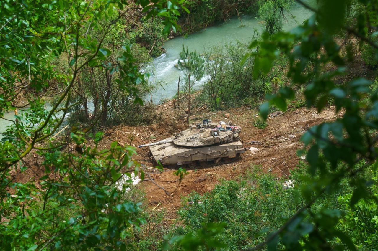 Israeli armored vehicles that are operating in the Litani River north of the Israeli army's self-declared "Yellow Line" in southern Lebanon on May, 12, 2026. (Photo via Israeli army/Handout)