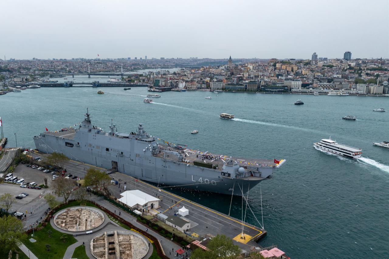 An aerial view of the TCG Anadolu anchored at Sarayburnu Port in Istanbul, Türkiye, May 08, 2026. (AA Photo)