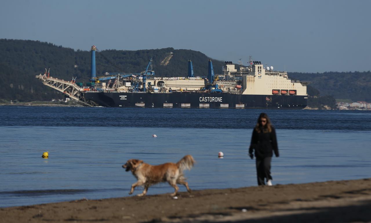 The deep-sea pipe-laying vessel Castorone passes through the Dardanelles Strait as a person walks along the shore with a dog in the foreground in Canakkale, Türkiye, April 28, 2026. (AA Photo)