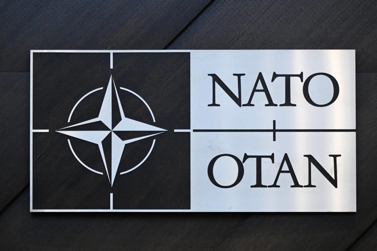 A logo of the North Atlantic Treaty Organization (NATO) is seen during the NATO-Ukraine Council Defense Ministers at NATO headquarters in Brussels, Feb. 15, 2024. (AFP Photo)