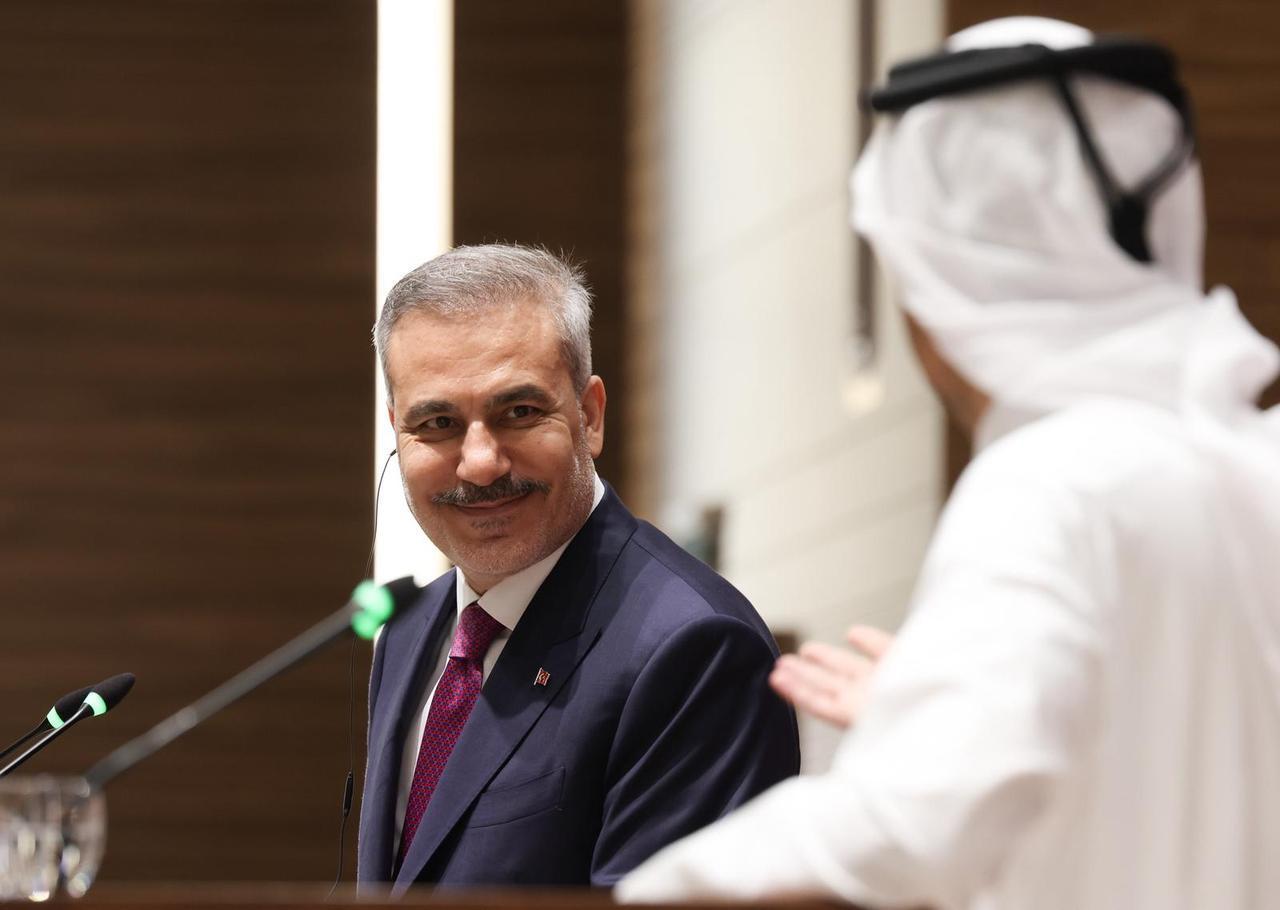 Turkish FM Hakan Fidan and Qatari Prime Minister and Minister of Foreign Affairs Sheikh Mohammed bin Abdulrahman Al Thani hold a joint press conference in Doha, Qatar, May 12, 2026. (Photo via Turkish Foreign Ministry/HO)