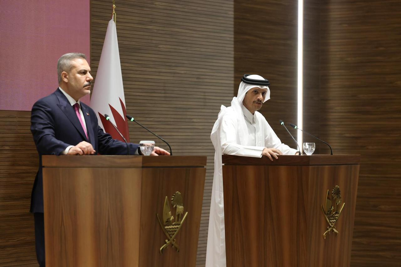 Turkish Foreign Minister Hakan Fidan and Qatari Prime Minister and Minister of Foreign Affairs Sheikh Mohammed bin Abdulrahman Al Thani hold a joint press conference in Doha, Qatar, May 12, 2026. (Photo via Turkish Foreign Ministry/HO)