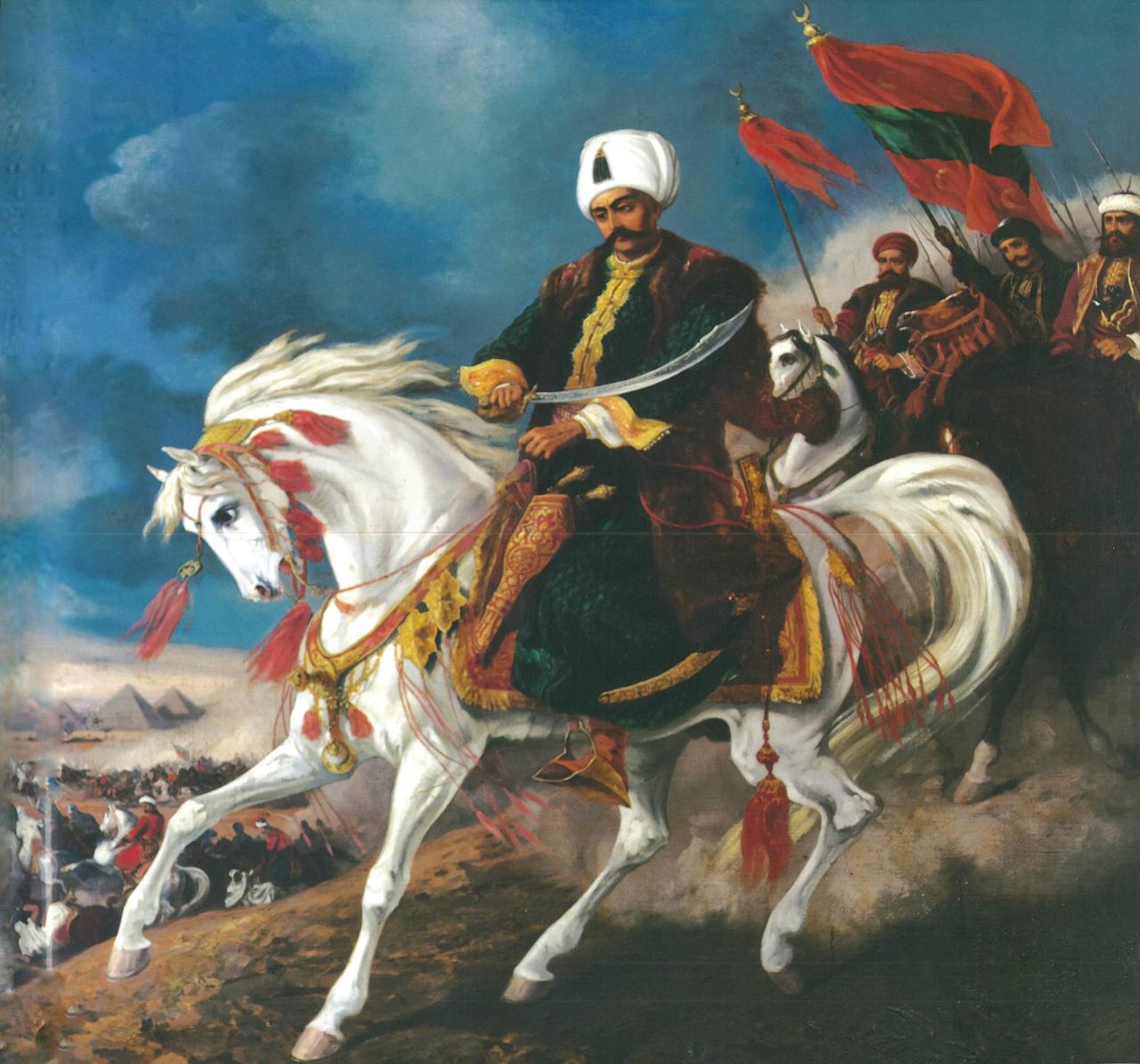A 19th-century painting depicts Yavuz Sultan Selim during the Ottoman campaign in Egypt, shown mounted on horseback with Ottoman troops in the background. (Image via Wikimedia)