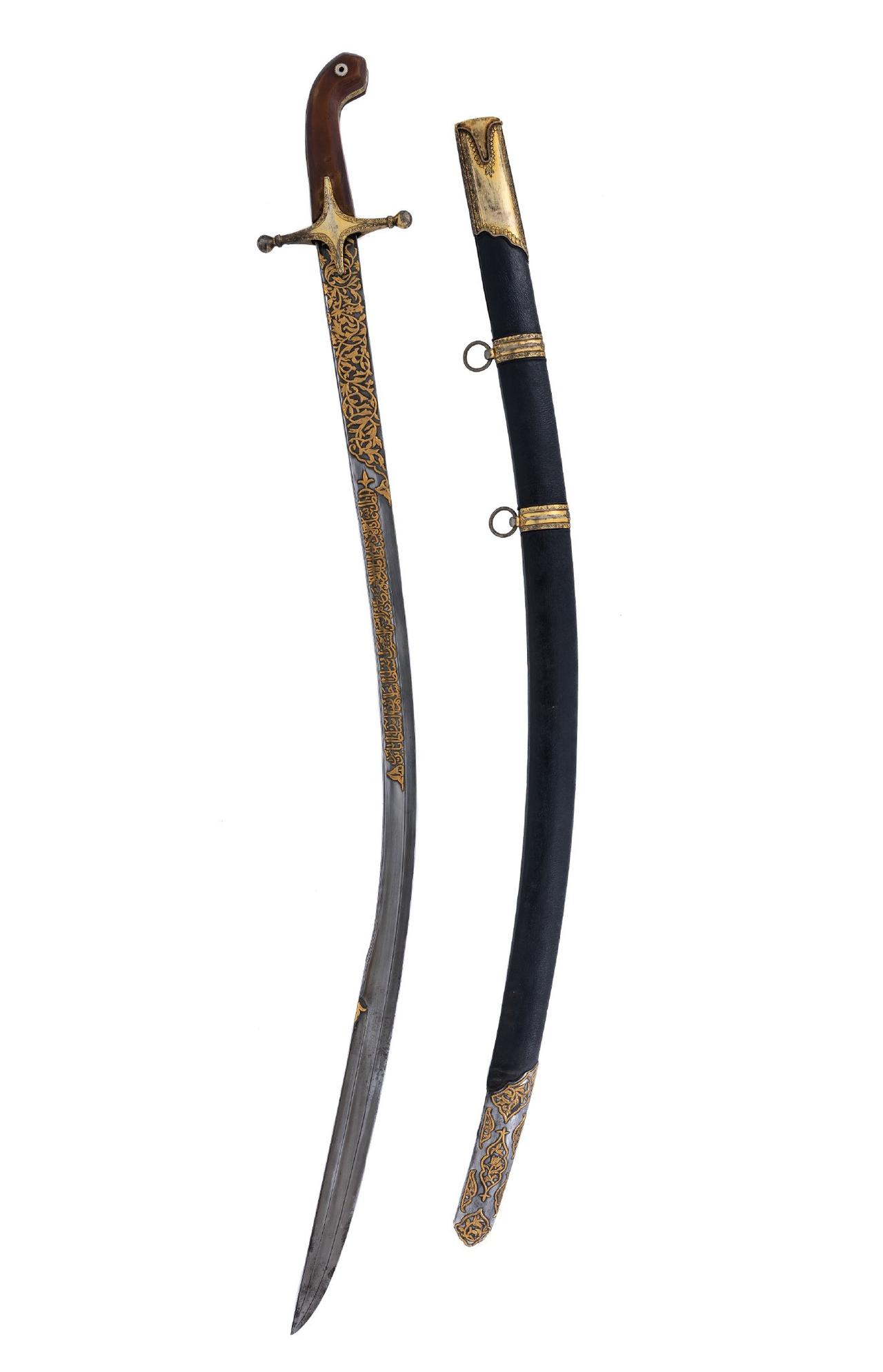 Boxwood-hilted Ottoman sword attributed to Yavuz Sultan Selim, dating to the 16th century, displayed at the Hisart Museum in Istanbul, Türkiye. (Photo via Hisart Museum)