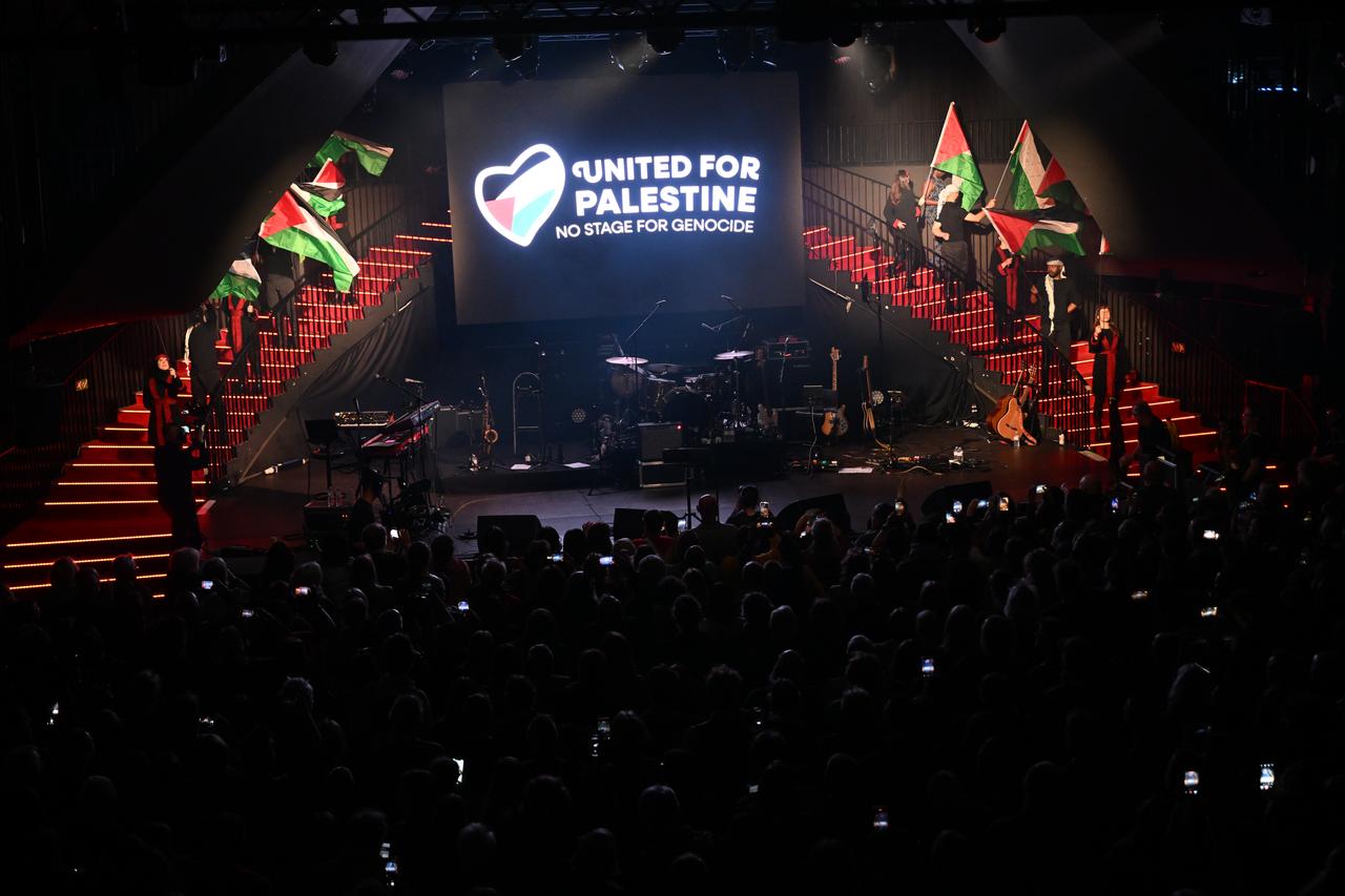 Artists use music and public speeches to express solidarity with Palestinians during a counter-Eurovision event in Brussels, Belgium, May 12, 2026. (AA Photo)