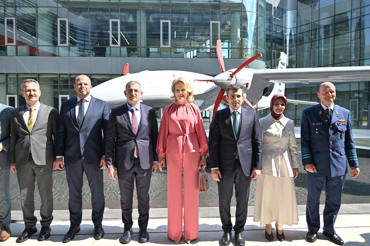 Belgian Queen Mathilde (C) is welcomed by Baykar Board Chairman, Selcuk Bayraktar (3rd R) at the Ozdemir Bayraktar National Technology Center as part of an "Economic Mission" in Istanbul, Türkiye, May 10, 2026. (AA Photo)