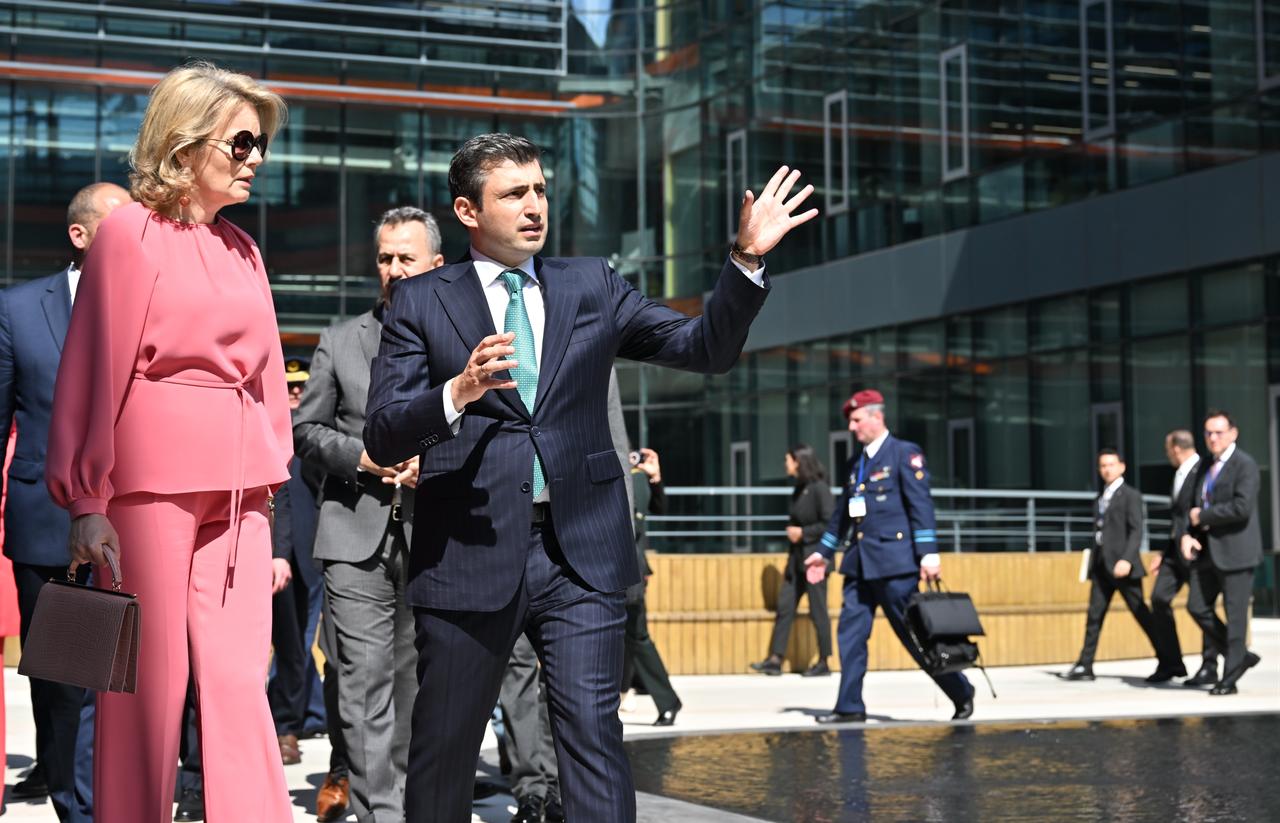 Belgian Queen Mathilde (L) is welcomed by Baykar Board Chairman, Selcuk Bayraktar (R), at the Ozdemir Bayraktar National Technology Center as part of an "Economic Mission" in Istanbul, Türkiye, May 10, 2026. (AA Photo)