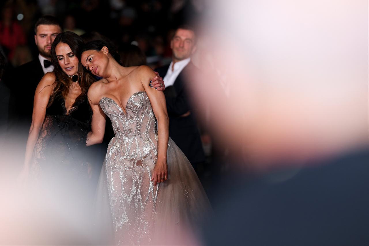 US actress Jordana Brewster and US actress Michelle Rodriguez react as they arrive for the screening of the film "The Fast and the Furious" at the 79th edition of the Cannes Film Festival in Cannes, southern France, May 13, 2026. (AFP Photo)