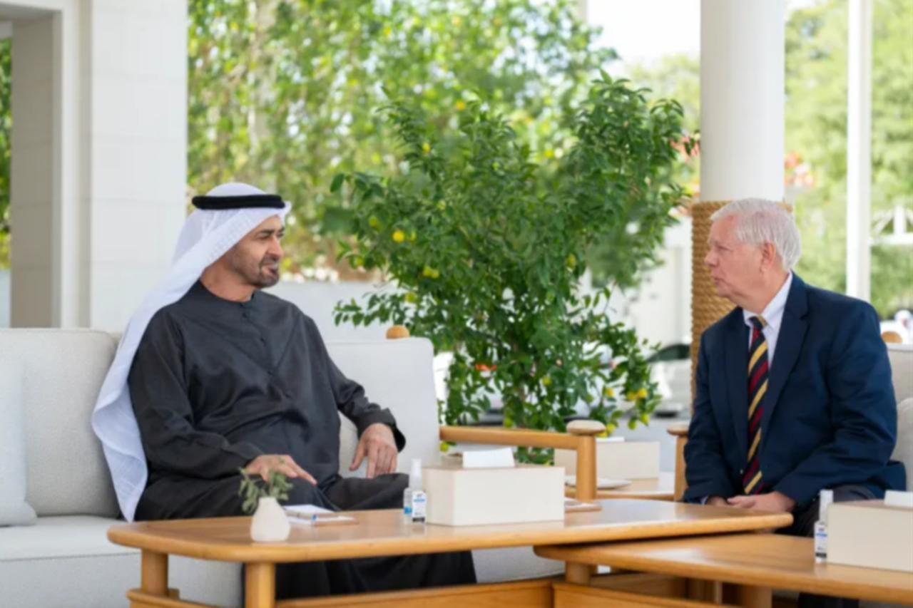 UAE President Mohammed bin Zayed (L) met with United States Senator Lindsey Graham on Feb. 18, 2026. (Photo via X/ragipsoylu)