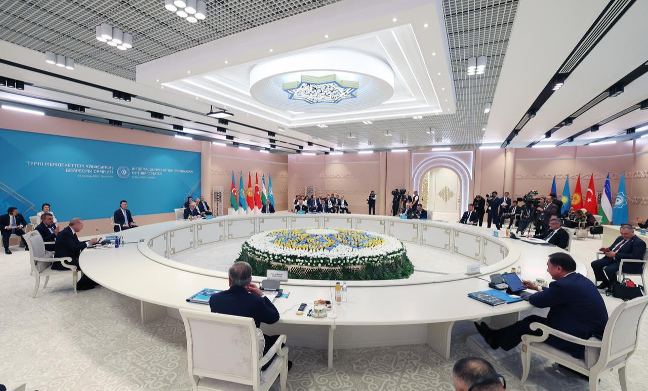 A general view of the hall during the Informal Summit of the Organization of Turkic States (OTS) at the Turkistan Congress Center in Turkistan, Kazakhstan, May 15, 2026. (Photo via Turkish Presidency/HO)