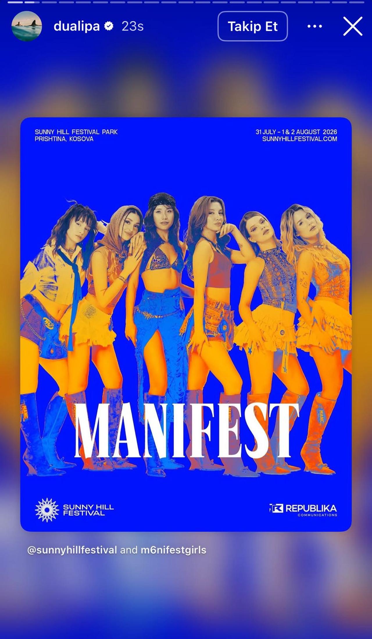 Dua Lipa shared the announcement of the group Manifest in her Instagram story. (Screenshot via Instagram/ @dualipa)