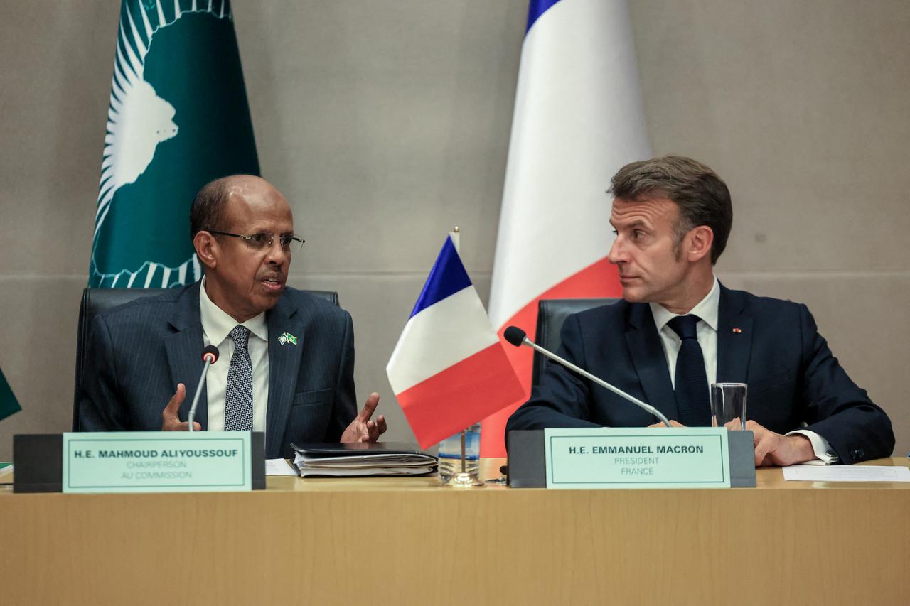 France's President Emmanuel Macron (R) attends a trilateral meeting with United Nations' Secretary-General Antonio Guterres (not seen) and African Union Commission's President Mahamoud Ali Youssouf at the African Union (AU) headquarters in Addis Ababa, Ethiopia, May 13, 2026. (AFP Photo)