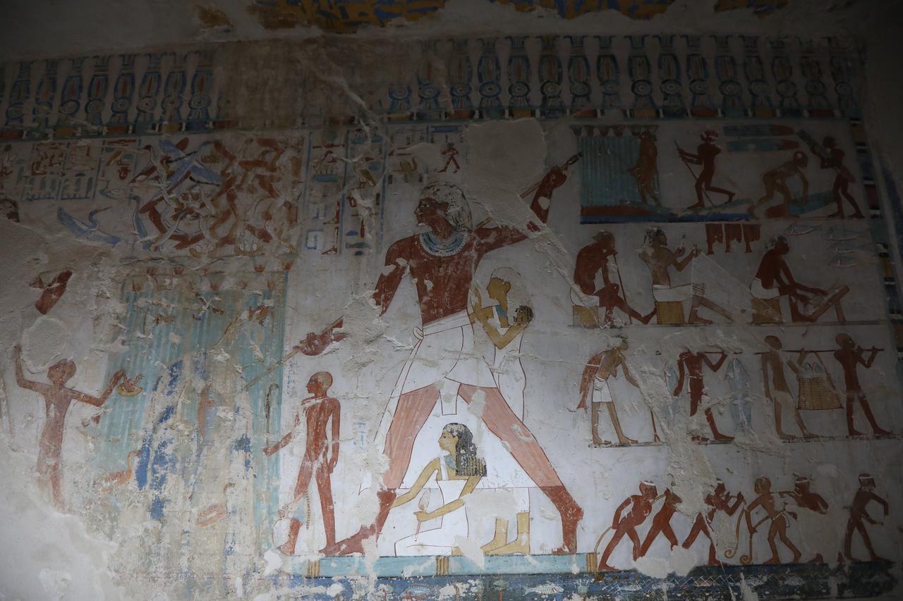 Wall paintings depicting daily life and funerary rituals are seen inside one of the newly opened New Kingdom tombs in the El-Khokha area of Luxor, Egypt, May 14, 2026. (AA Photo)