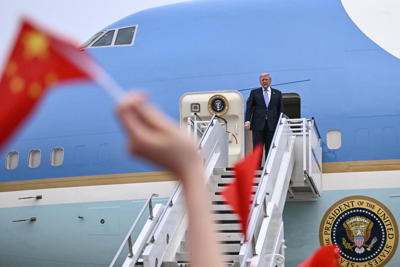 US President Donald Trump boards Air Force One before his departure from Beijing Capital Airport in Beijing on May 15, 2026. (AFP Photo)