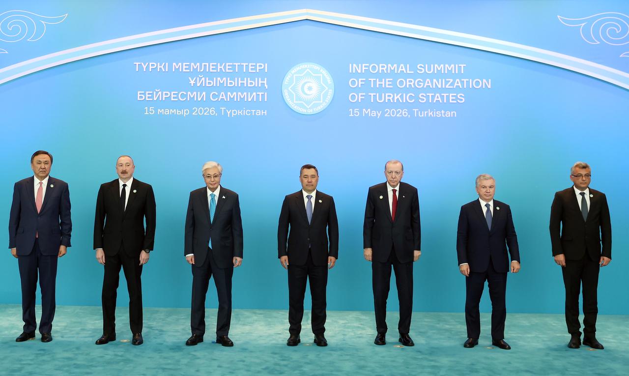 President Recep Tayyip Erdogan (3rd R), Secretary General of the Organization of Turkic States (OTS) Kubanychbek Omuraliev (L), Azerbaijani President Ilham Aliyev (2nd L), Kazakh President Kassym-Jomart Tokayev (3rd L), Kyrgyz President Sadyr Japarov (C), Uzbek President Shavkat Mirziyoyev (2nd R), Turkish Republic of Northern Cyprus (TRNC) President Tufan Erhurman (R) pose for a photo during the Informal Summit of OTS, Turkistan, Kazakhstan on May 15, 2026. (Turkish Presidency/AA Photo) )