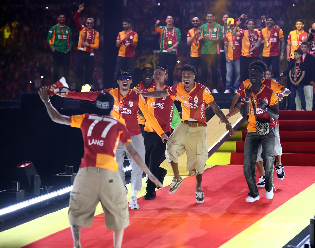 The players celebrated the championship with great joy during Galatasaray’s title festivities at RAMS Park in Istanbul, Türkiye, May 15, 2026. (IHA Photo)