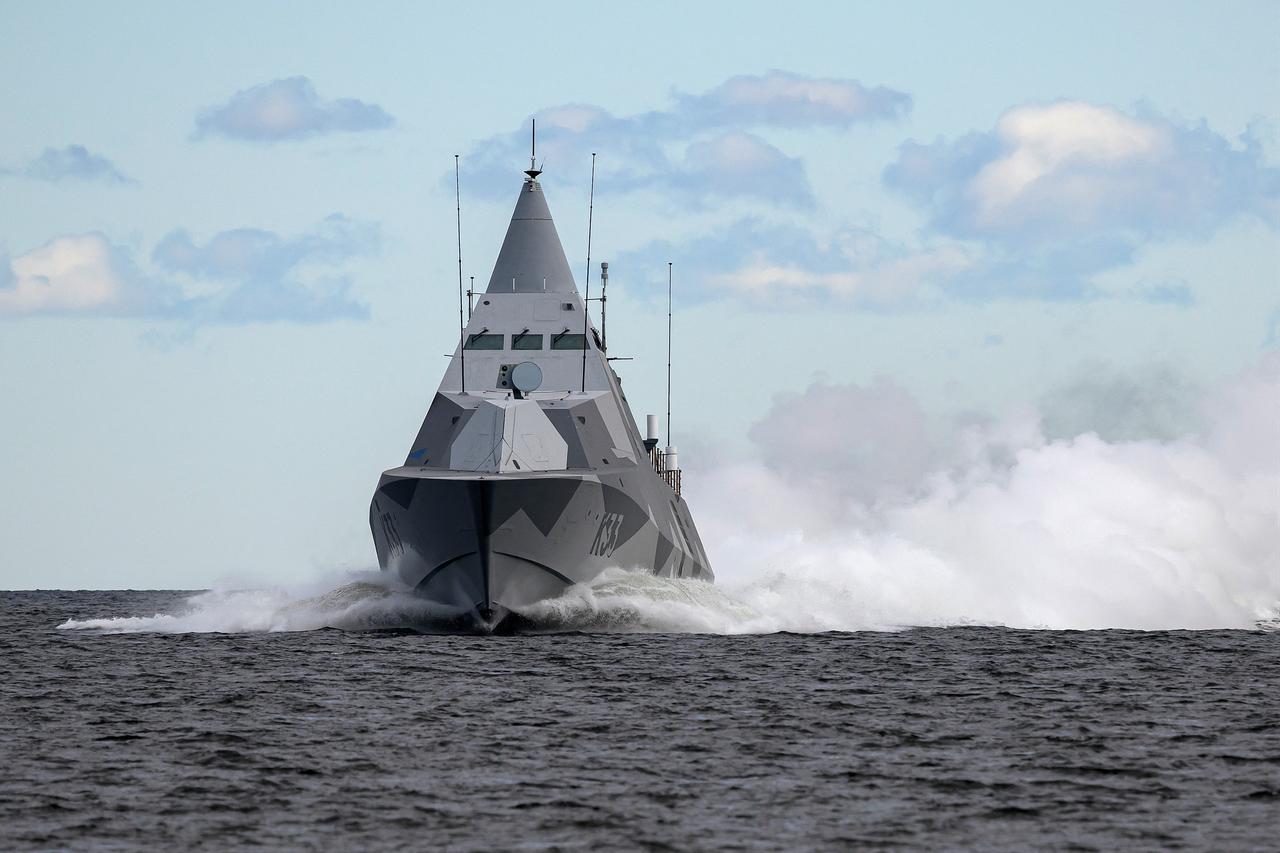 Swedish Navy HMS Harnosand (K33), the third Visby-class corvette, operates during Exercise Aurora 26 at Vaddo Military Training Area in Stockholm, Sweden, May 5, 2026. (AFP Photo)