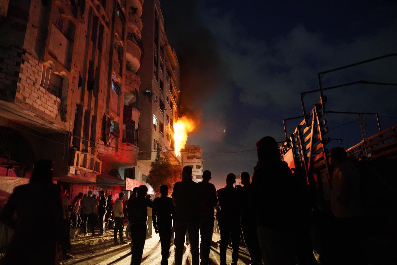 A fire breaks out at the apartment targeted by an Israeli attack at the Rimal neighborhood in Gaza City, Gaza, Palestine, May 15, 2026. (AA Photo)