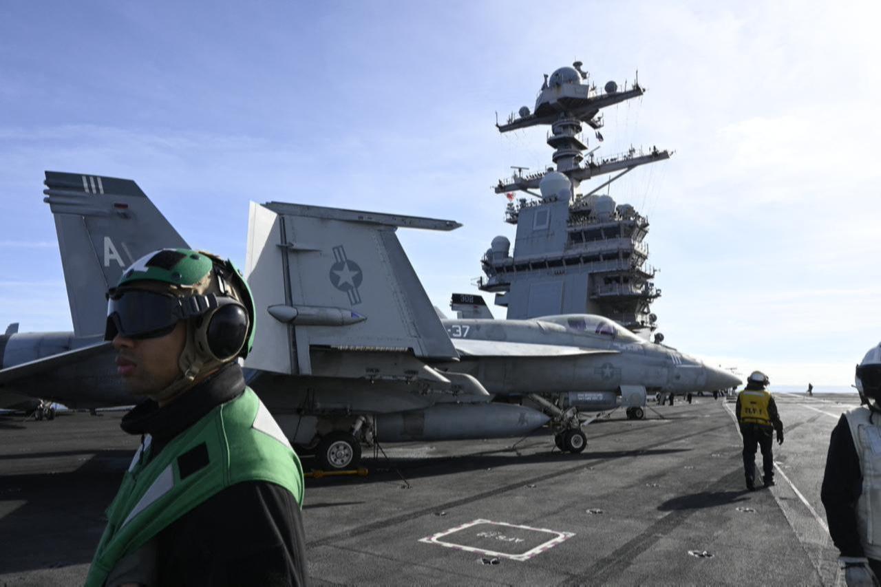 F-18E fighter jet is seen on aircraft carrier USS Gerald R. Ford as it sails during NATO Neptune Strike 2025 exercise on September 24, 2025 in the North Sea. (AFP Photo)