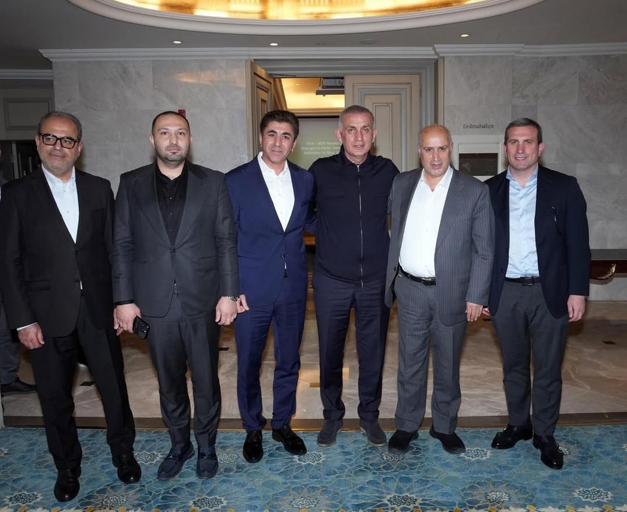 Türkiye Football Federation President Ibrahim Haciosmanoglu (third from right) meets with FIFA Secretary General Mattias Grafstrom (not seen in the photo), Iranian Football Federation President Mehdi Taj (second from right) and accompanying officials during talks in Istanbul, Türkiye, May 17, 2026. (Photo via TFF)