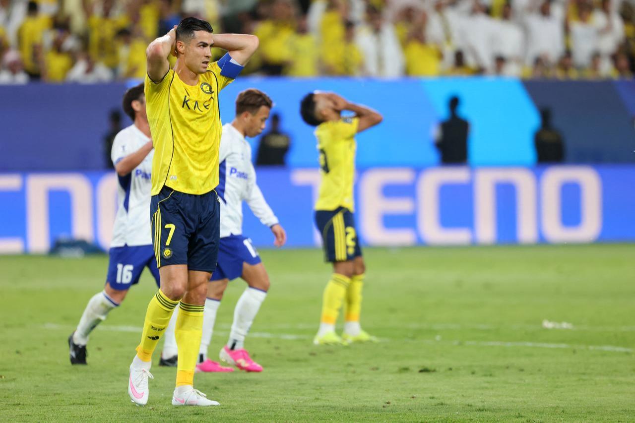 Nassr's Portuguese forward #07 Cristiano Ronaldo reacts during the 2026 AFC Champions League Two final football match between Al-Nassr and Gamba Osaka at the Al-Awwal Park Stadium in Riyadh, May 16, 2026. (AFP Photo)