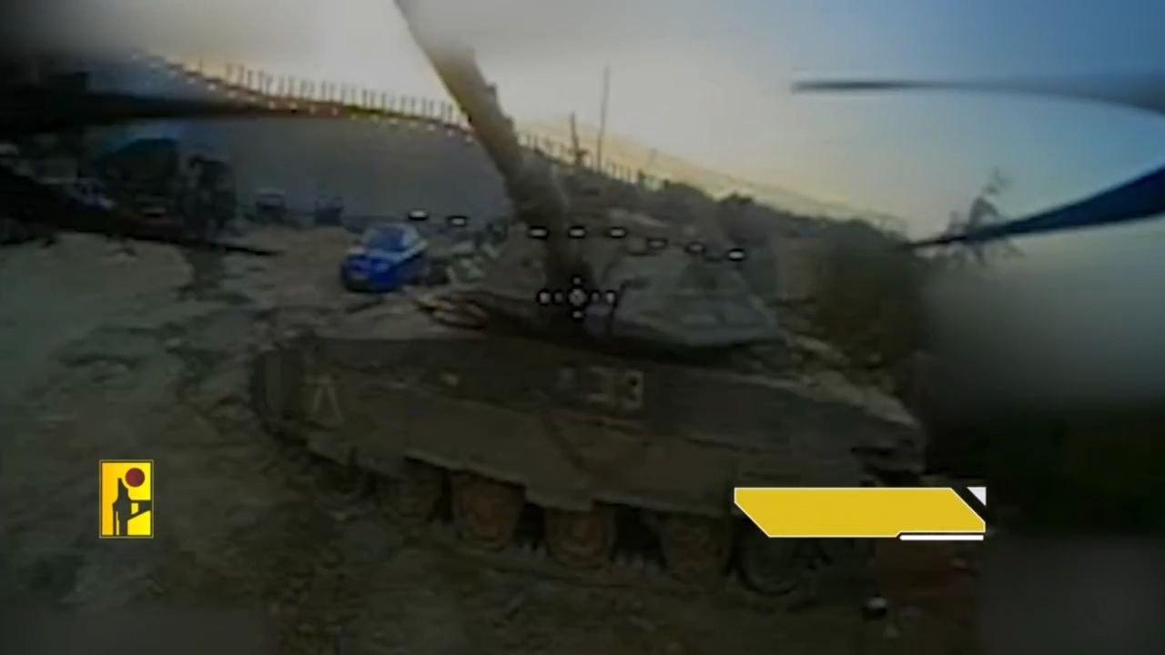 The photo shows an Israeli Merkava main battle tank from Hezbollah's FPV drone's POV in southern Lebanon at an unspecified time. (Photo via Telegram)