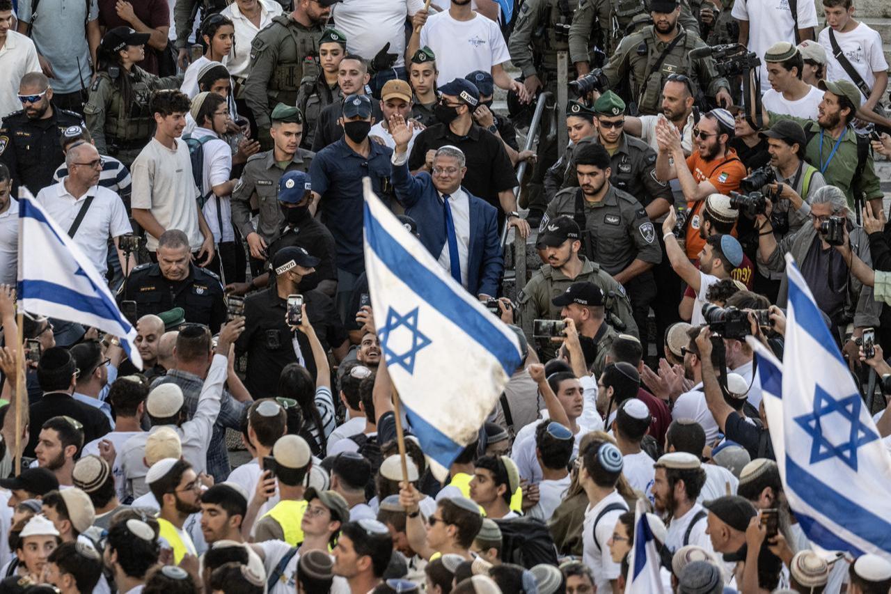 Israeli Minister of National Security Itamar Ben-Gvir joins extremist groups holding a provocative 'flag march' in Jerusalem on May 14, 2026. (AA Photo)