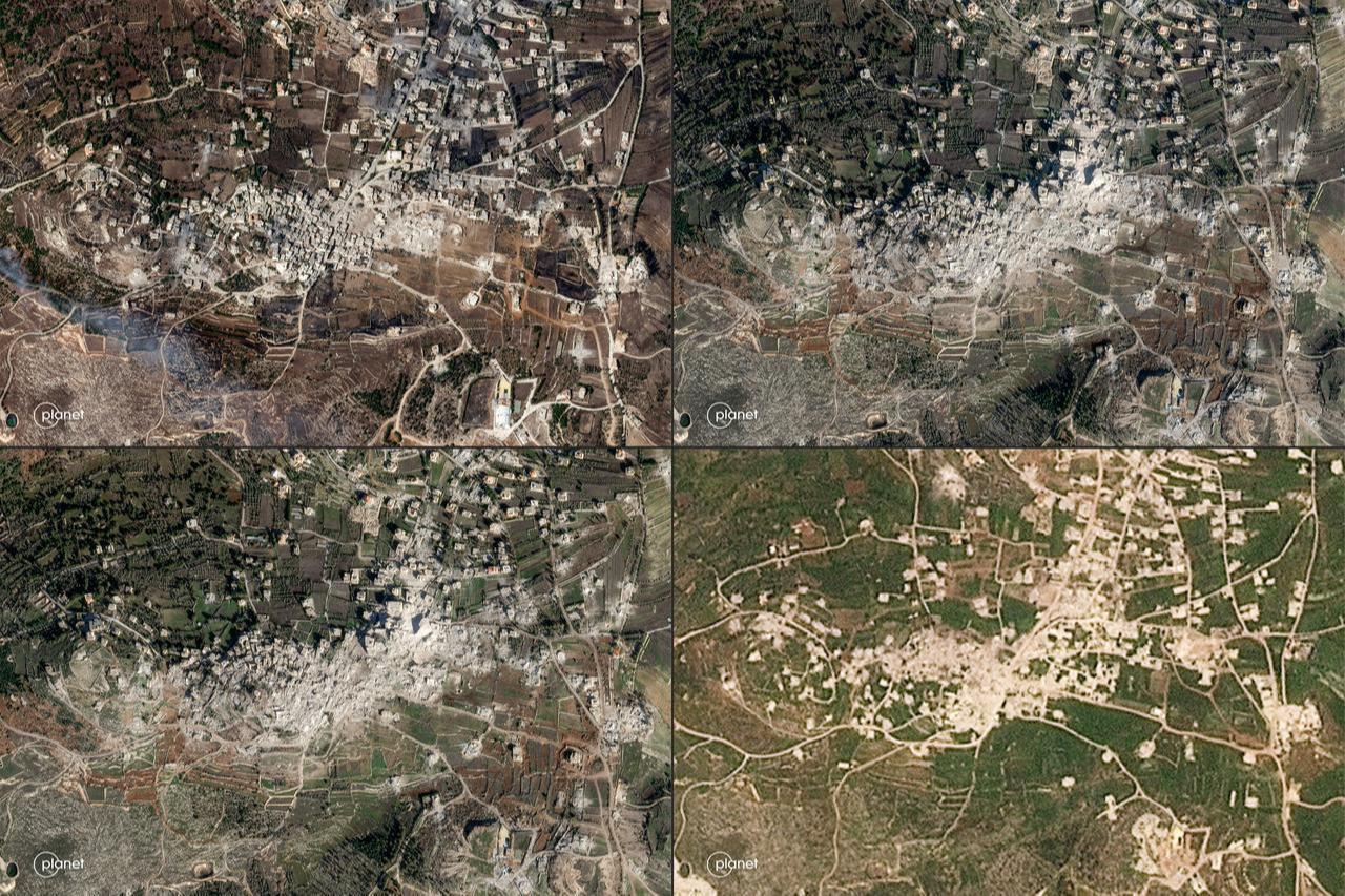 This combination of handout satellite images shows views of the village of Yaroun in southern Lebanon close to the border with Israel on (top L to R followed by bottom L to R) October 5, 2024; January 10, 2025; January 30, 2025; and on May 2, 2026. (Photo by 2026 Planet Labs PBC/AFP)