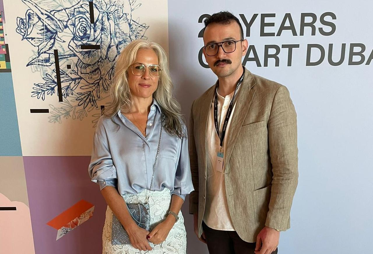 Dunja Gottweis, Director of Art Dubai Fair, and Türkiye Today’s Koray Erdogan during the press preview of Art Dubai’s 20th anniversary special edition at Madinat Jumeirah in Dubai, UAE, May 14, 2026. (Photo via Türkiye Today team)