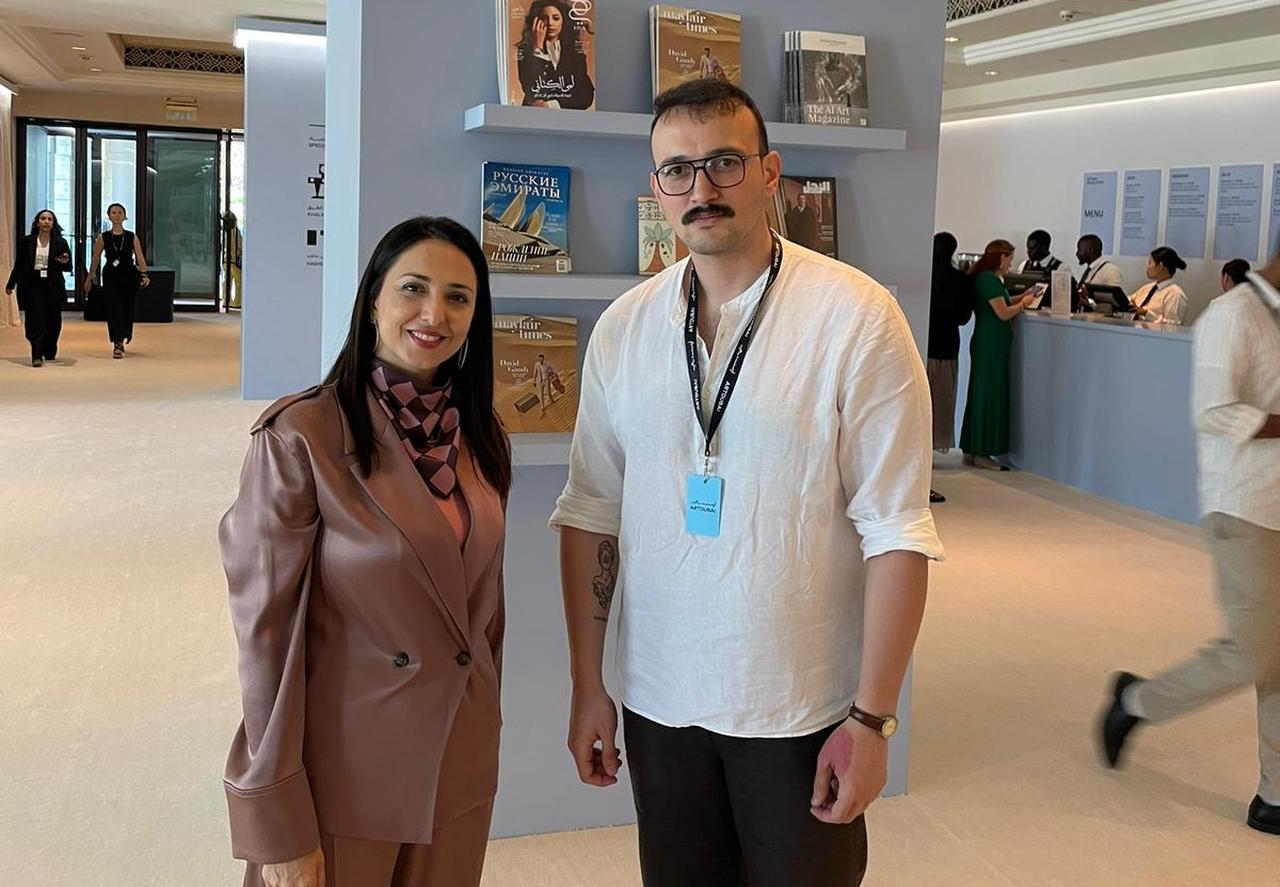 Hala Khayat, Special Advisor at Art Dubai, and Türkiye Today’s Koray Erdogan at Art Dubai’s 20th anniversary special edition at Madinat Jumeirah in Dubai, UAE, May 14, 2026. (Photo via Türkiye Today team)