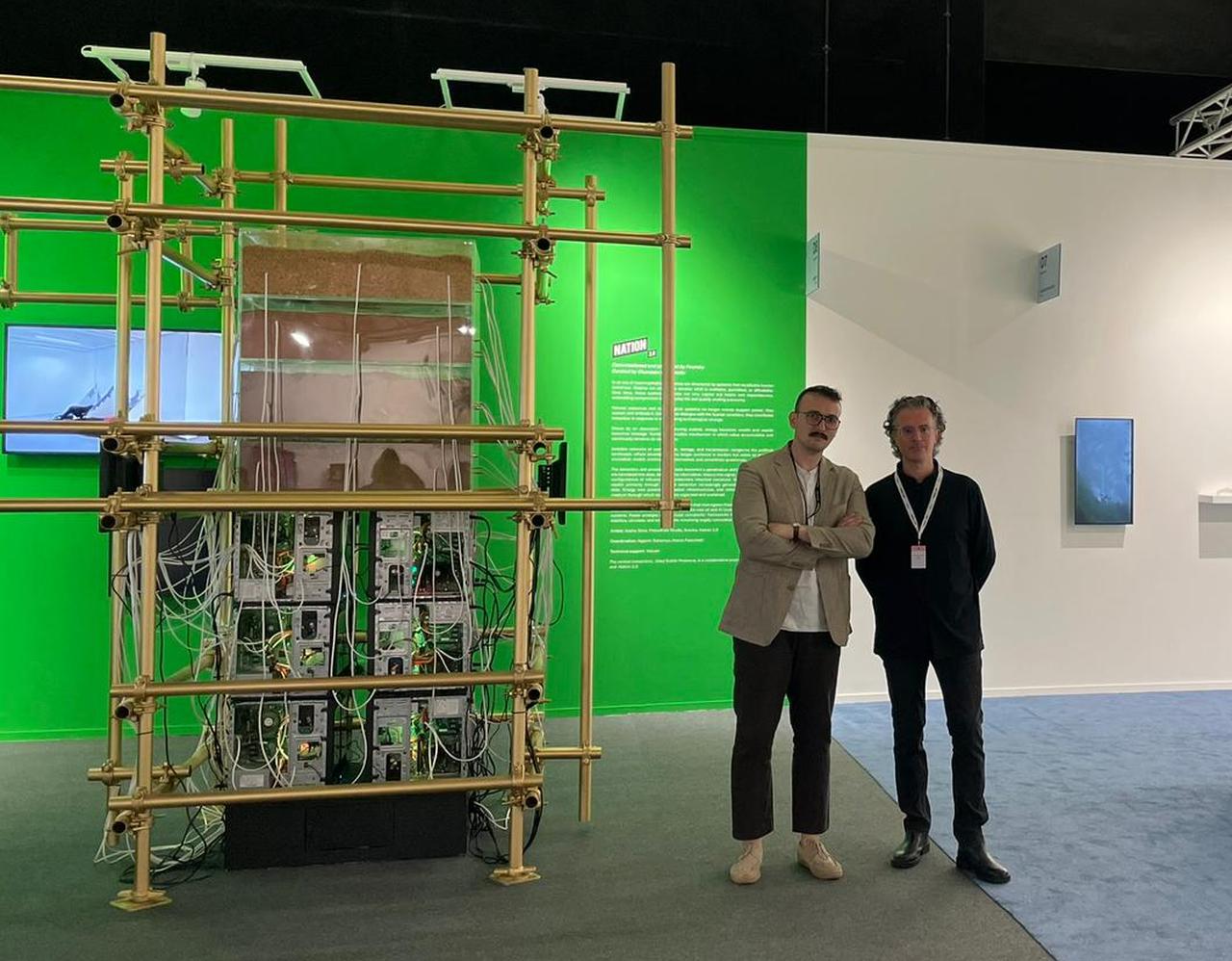 Giuseppe Moscatello and Türkiye Today’s Koray Erdogan at the “Nation 2.0” installation in Art Dubai Digital during Art Dubai’s 20th anniversary special edition in Dubai, UAE, May 14, 2026. (Photo via Türkiye Today team)