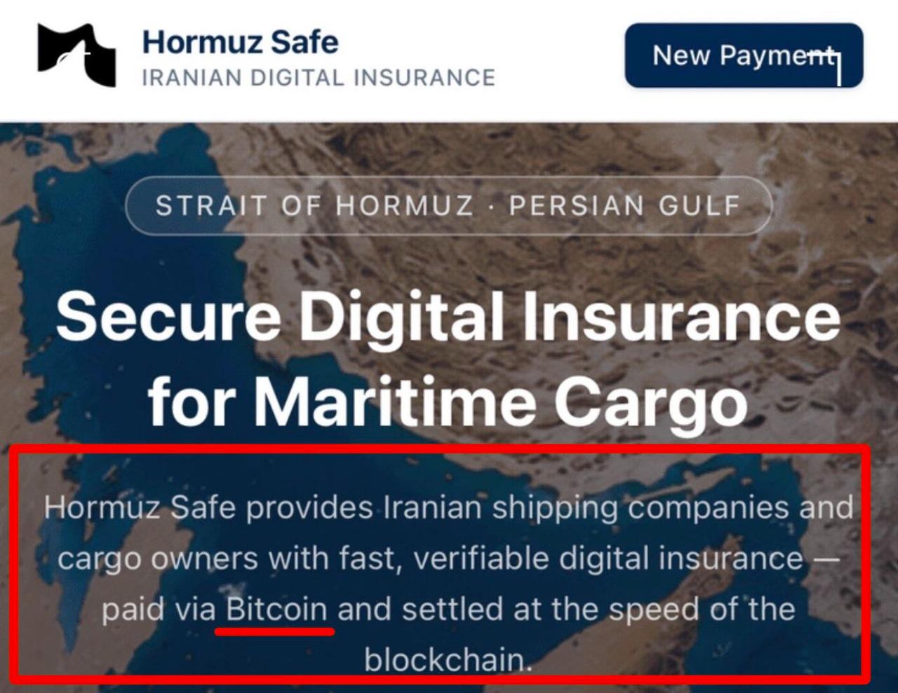 A screenshot shows the “Hormuz Safe” platform advertising Bitcoin-paid digital insurance services for maritime cargo transiting the Strait of Hormuz and the Persian Gulf. (Photo via X / Dennis_Porter_)