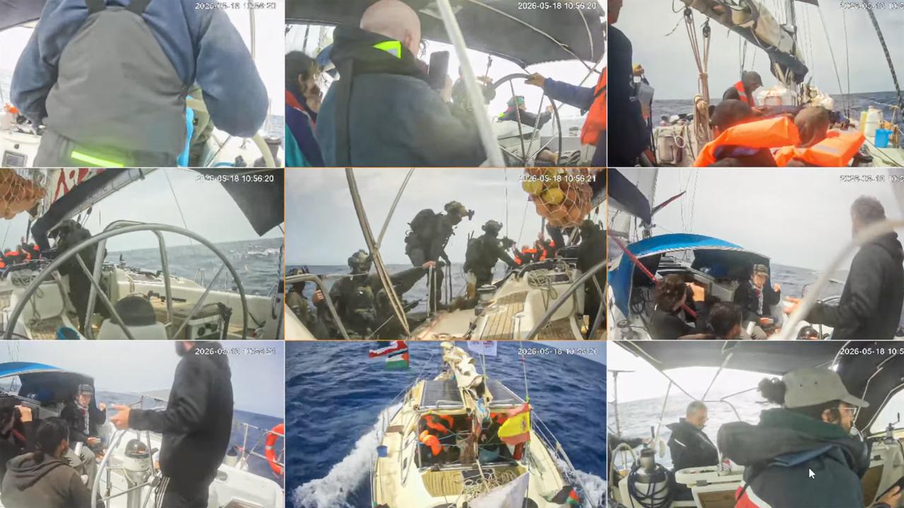 A composite image shows the moment Israeli soldiers' intervention of the Global Sumud Fleet in international waters in the Mediterranean Sea, May 18, 2026. (Photo via Global Sumud Fleet/HO)