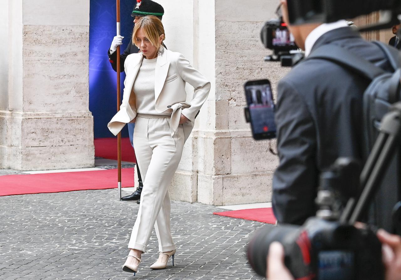 Italy's Prime Minister Giorgia Meloni arrives to welcome Abdul Hamid Mohammed Dbeibeh, the prime minister of Libya, in Rome, Italy, May 7, 2026. (AA Photo)