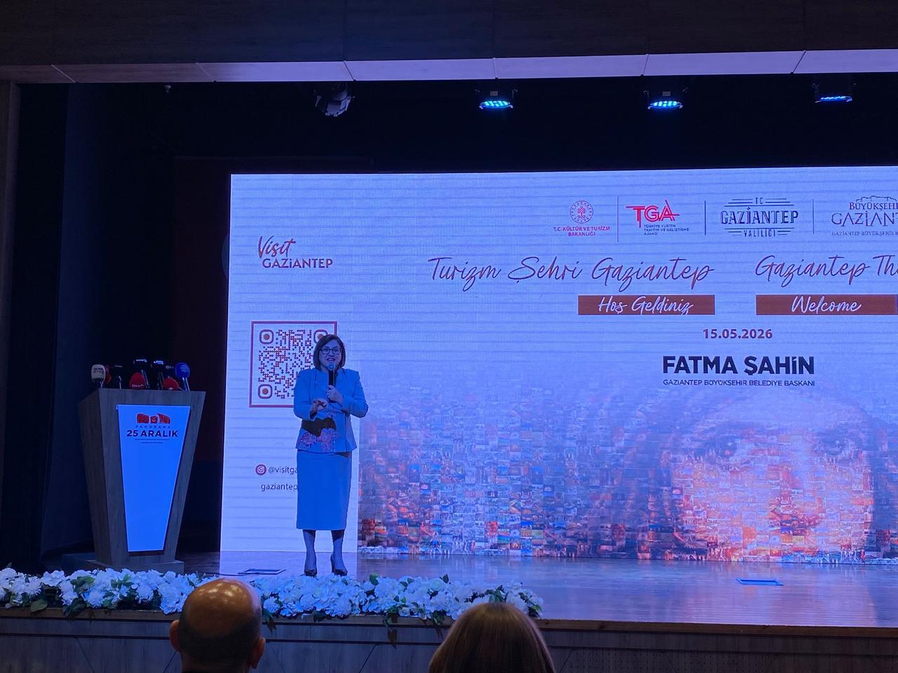 Gaziantep Metropolitan Municipality Mayor Fatma Sahin addresses attendees during the launch of the Visit Gaziantep app in Gaziantep, Türkiye. (Photo via Türkiye Today team)