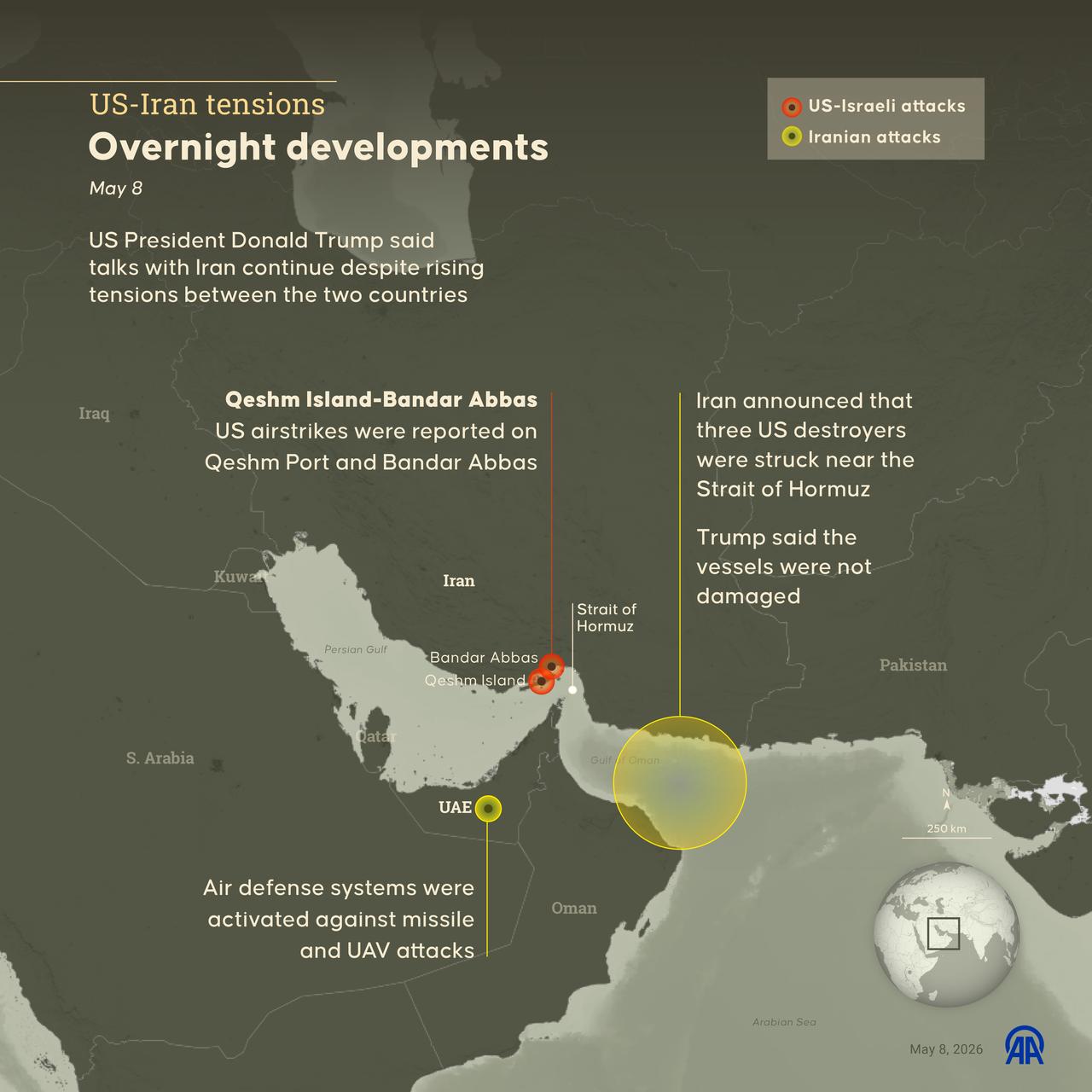 An infographic titled "US-Iran tensions" created in Ankara, Türkiye on May 8, 2026. (AA Graphics)