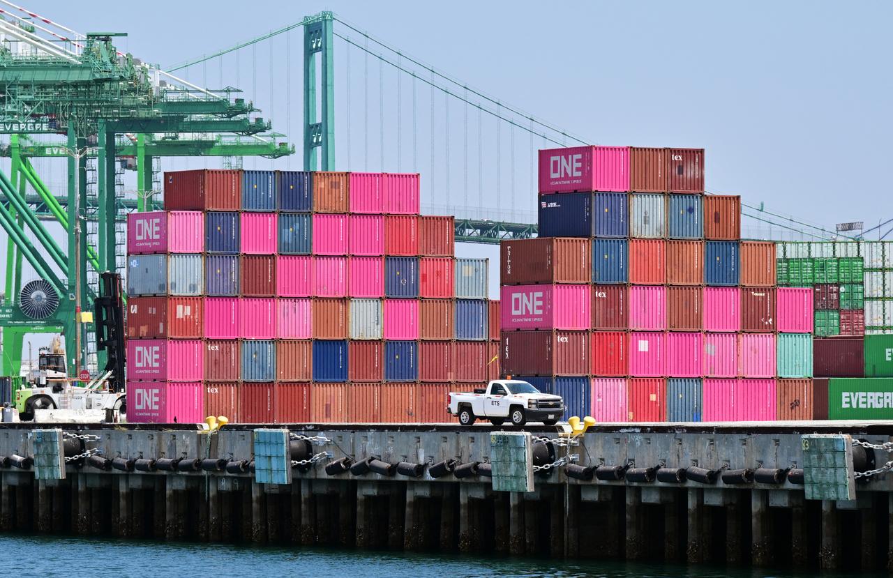 Shipping containers are piled at the Port of Los Angeles, California, on May 9, 2026. (AFP Photo)