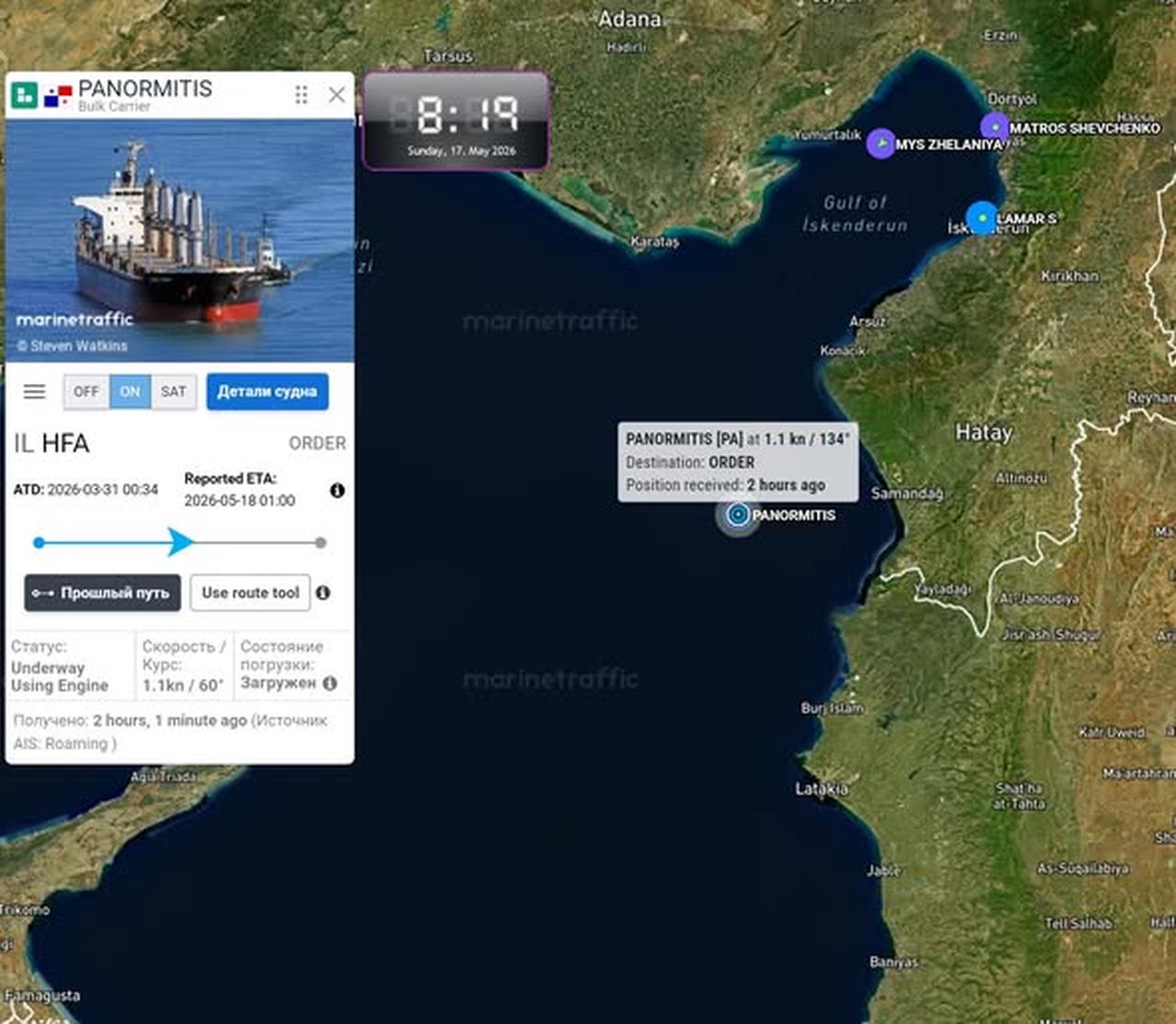 A screenshot from the Marine Traffic website showing the location of the Russian ship Panormitis on May 17, 2026. (Source: Marine Traffic)