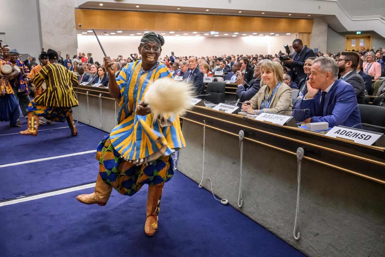 Ghanaian dancers performs at the opening of the 79th World Health Assembly in Geneva on May 18, 2026. (AFP Photo)