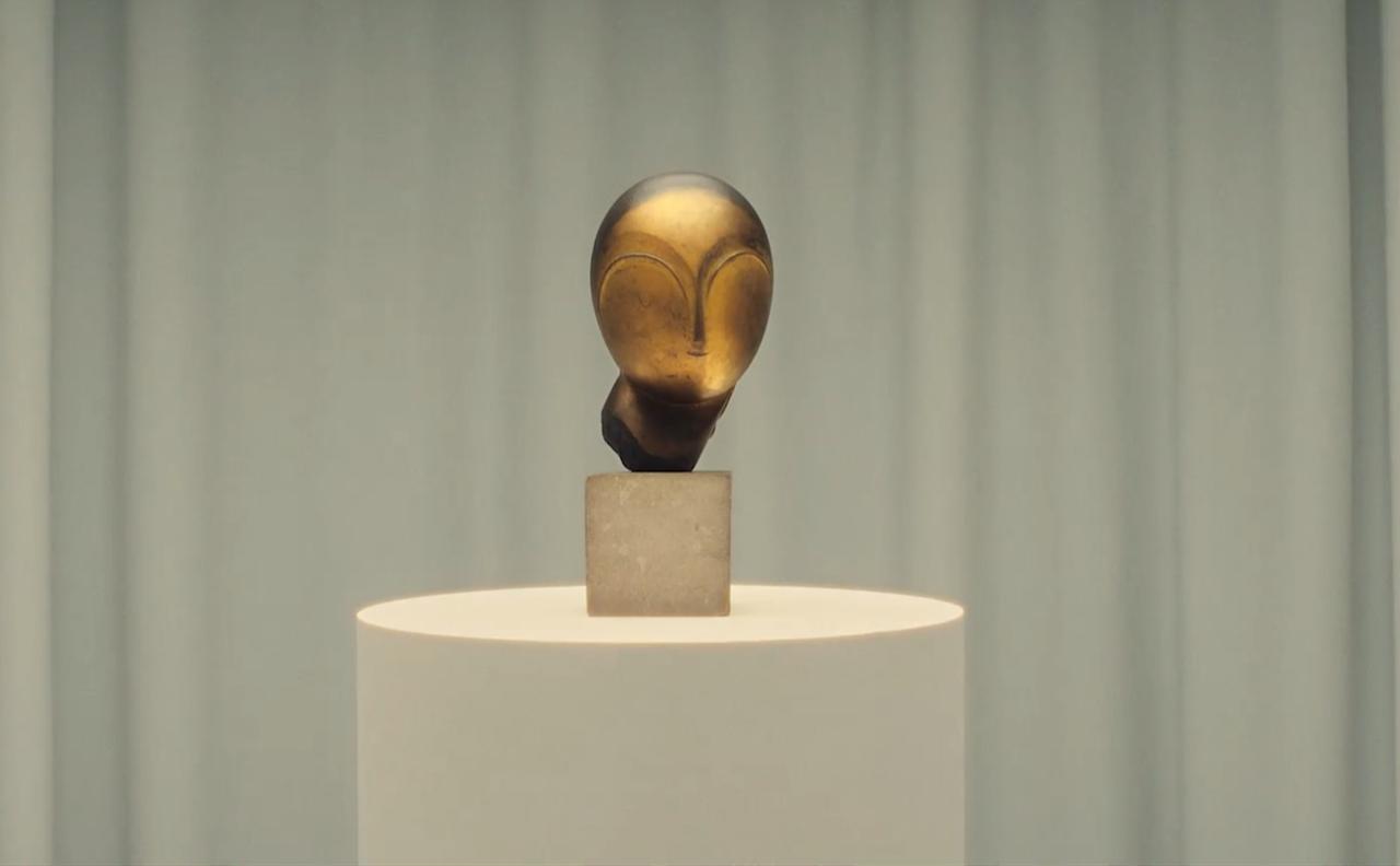 Constantin Brancusi’s *Danaïde*, conceived and cast circa 1913, appears in a promotional campaign video starring Nicole Kidman at Christie’s in New York, May 2026. (Photo via Christies.com)