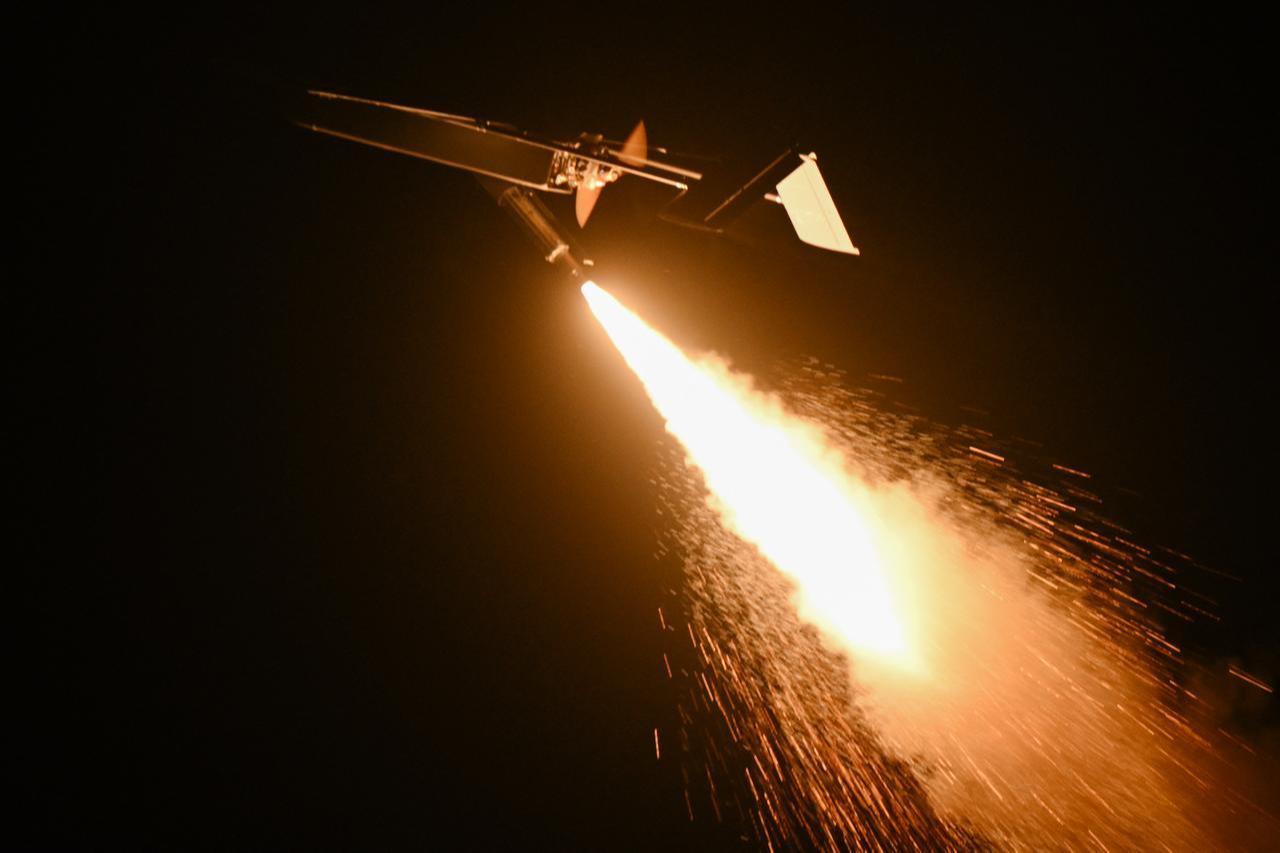 This photograph shows a Ukrainian long-range drone launched by servicemen of the 9th Kairos Battalion of the “Madyar's Birds” from an undisclosed location in Ukraine, May 16, 2026. (AFP Photo)