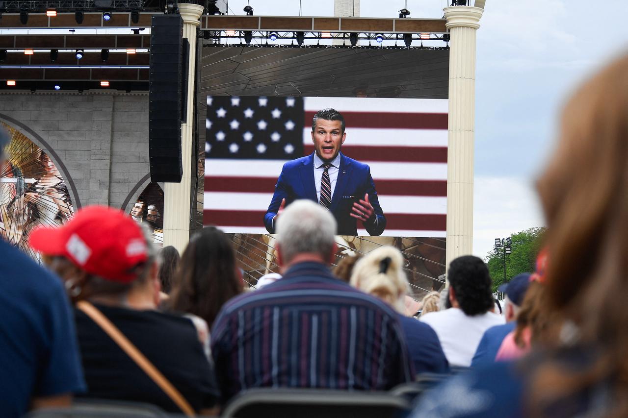 Secretary of War Pete Hegseth delivers a video message to attendees at "Rededicate 250: A National Jubilee of Prayer, Praise and Thanksgiving" on the National Mall in Washington, DC, on May 17, 2026. (AFP Photos)