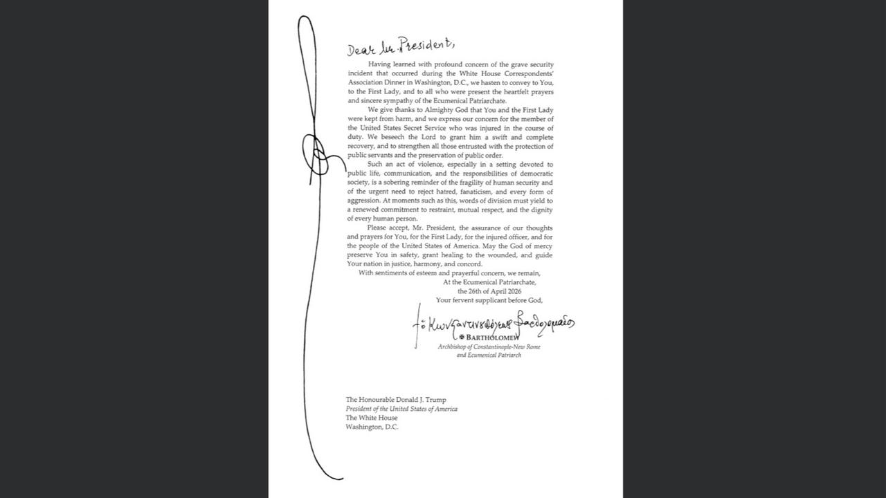 A letter sent by Patriarch Bartholomeos to former U.S. President Donald Trump, dated April 26, 2026, expressing concern over a security incident and signed with the title “Archbishop of Constantinople–New Rome and Ecumenical Patriarch.” (Image via 12Punto)