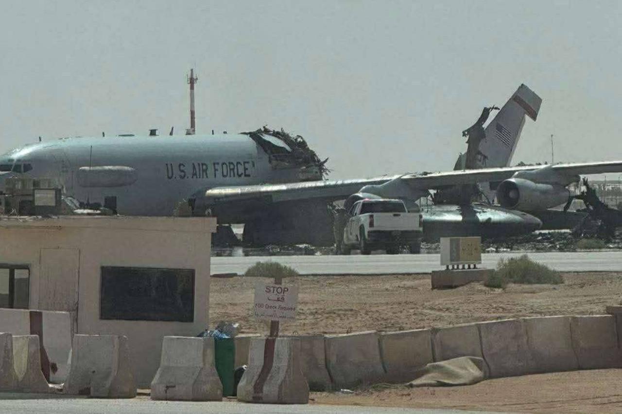 The photo shows the damage at the U.S. Air Force E-3G Sentry airborne warning and control aircraft at Prince Sultan Air Base in Saudi Arabia following an Iranian attack. (Photo via X)