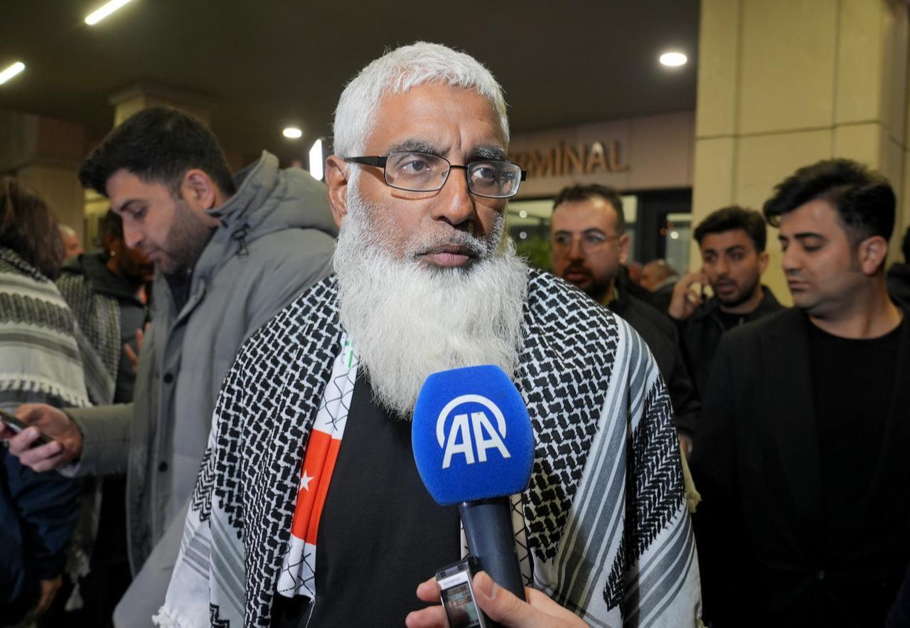 Activist Sijaad Hussain, one of the activists on the Global Sumud Flotilla,  speaks upon their arrival at Istanbul Airport in Istanbul, Türkiye, May 1, 2026. (AA Photo)