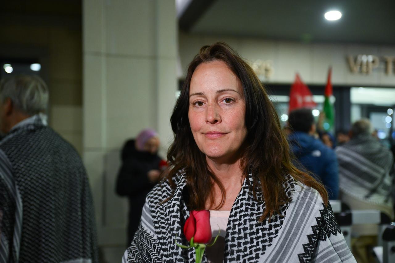 Activist Katy Davidson, one of the activists on the Global Sumud Flotilla, speaks upon their arrival at Istanbul Airport in Istanbul, Türkiye, May 1, 2026. (AA Photo)